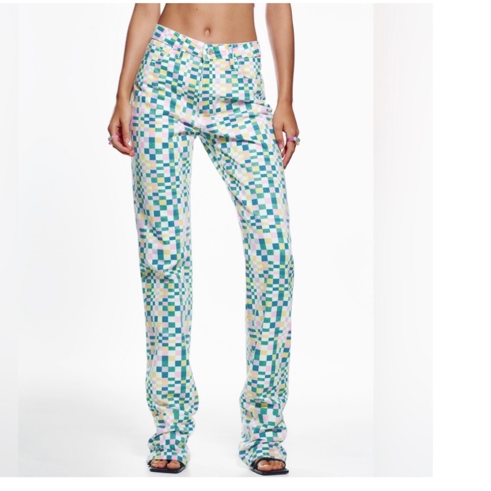 Zara High Rise Straight Fit Checkered Pastel Jeans Multi Color Size 4 NWT‎
